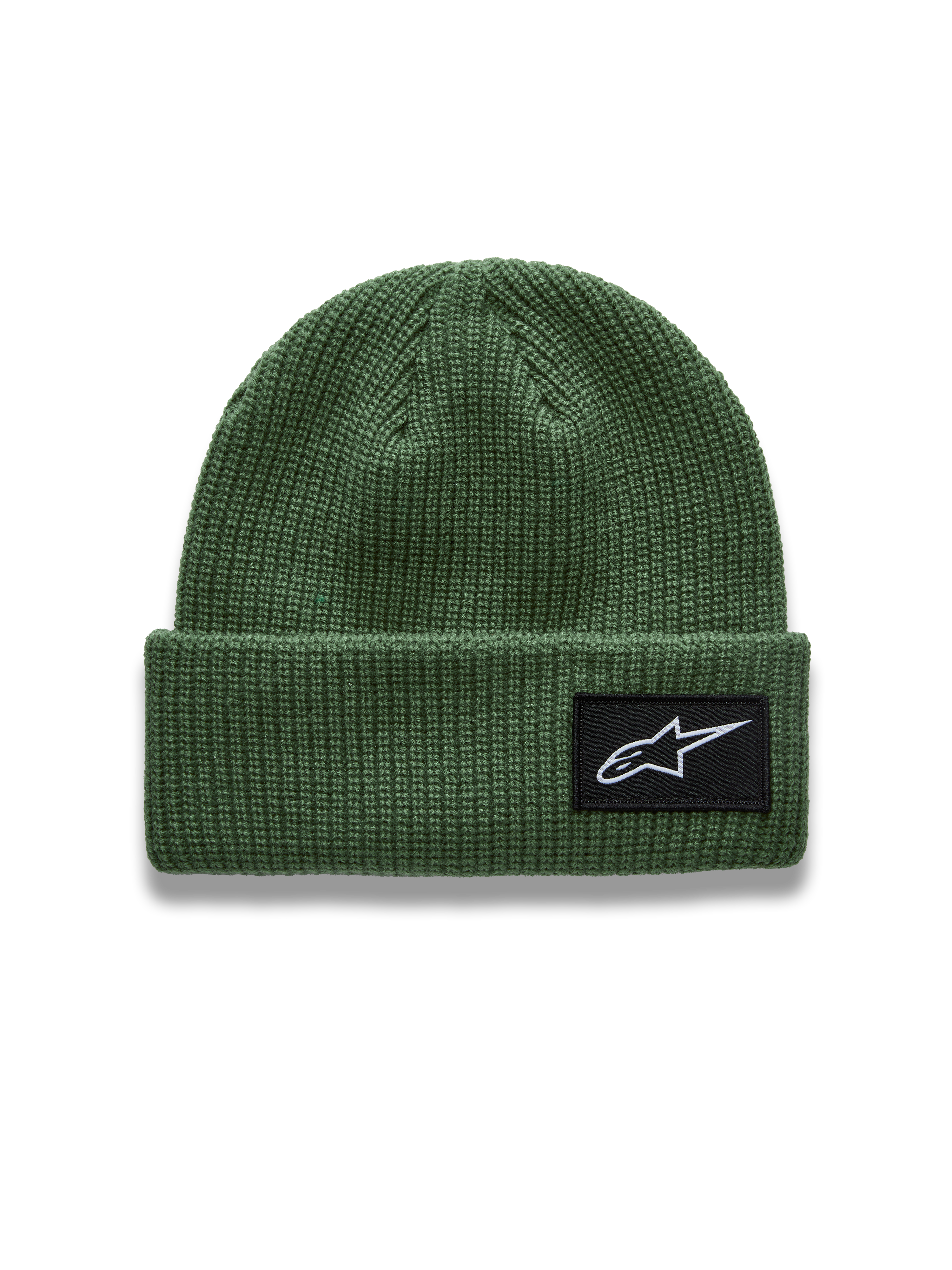 Alpinestars Unload Rib Cuff muts, groene ribgebreide sportswearmuts met een geweven Astars-logopatch op de voorkant.