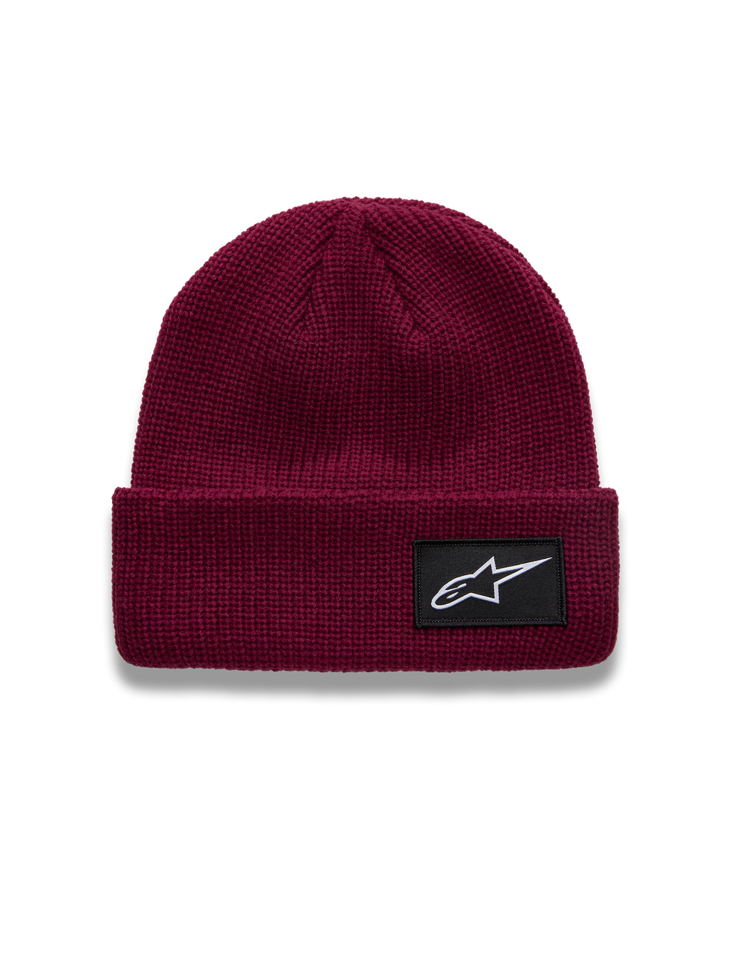 Alpinestars Unload Rib Cuff muts, berrykleurige casual muts met gebreide jersey steek en zwarte Astars-logopatch.