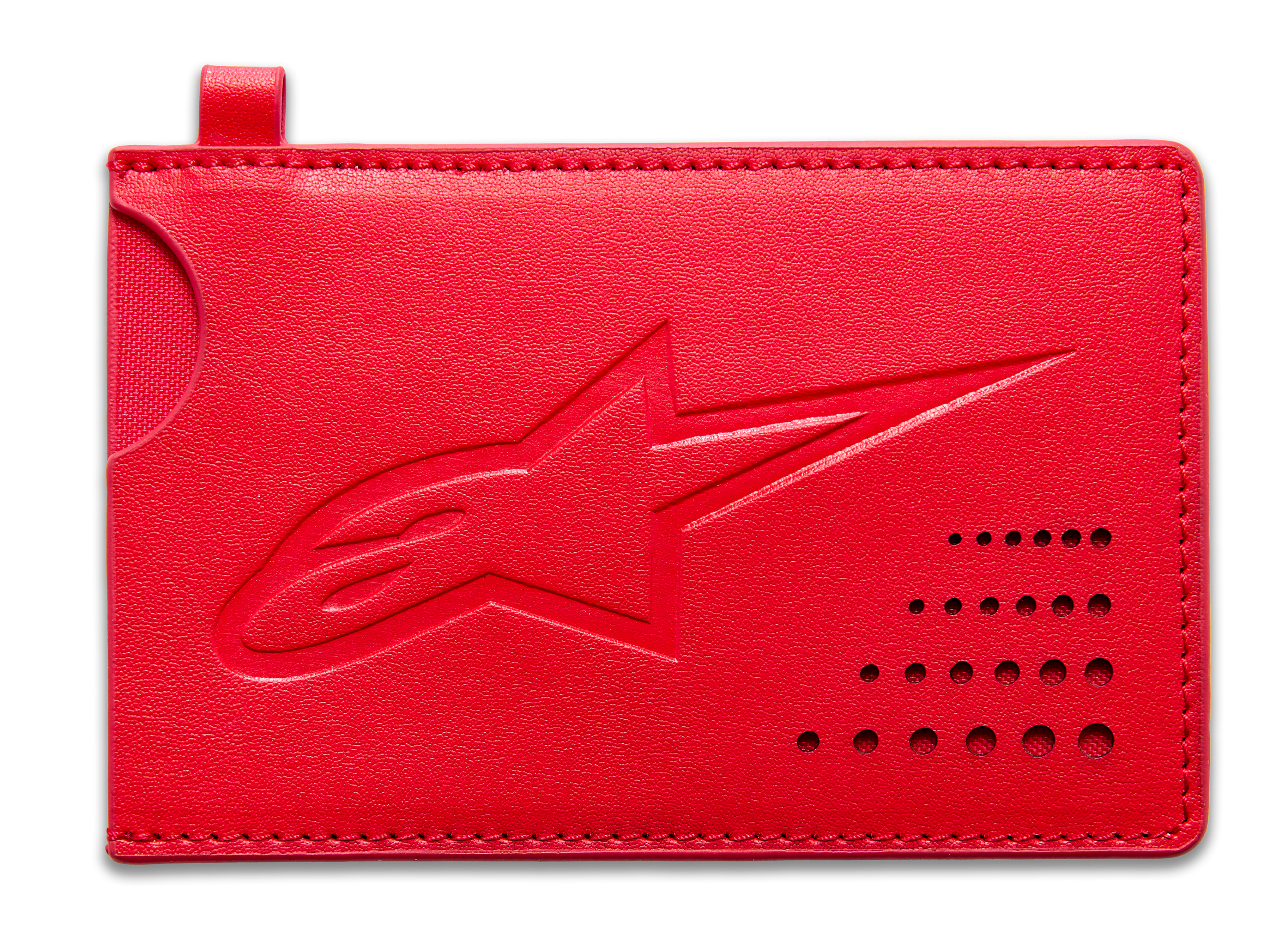 Alpinestars Ageless Credit Card Holder, a red leather minimalist wallet with debossed logo and curved card access notch.