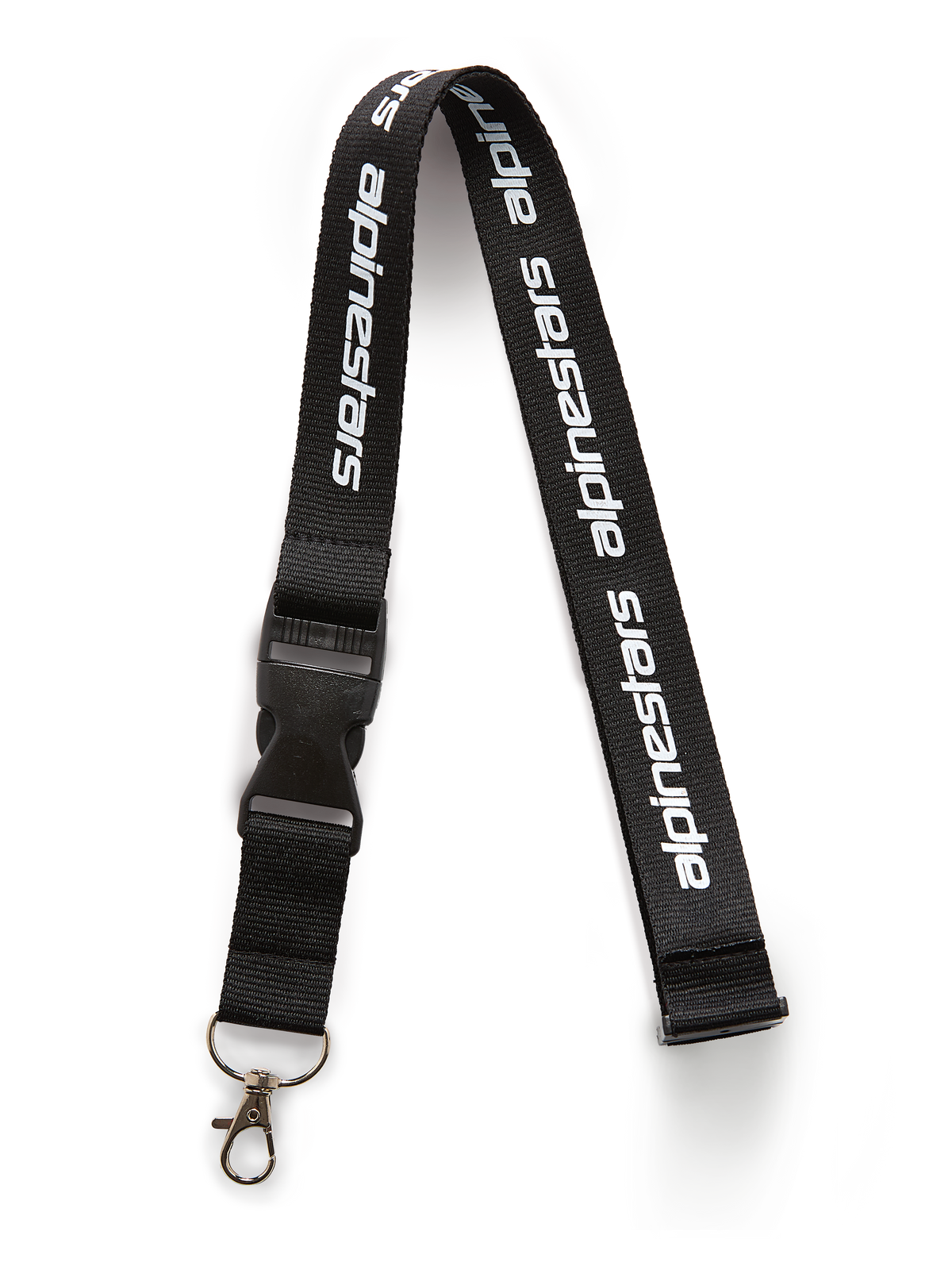 Alpinestars Linear Lanyard, Black and White, black strap with printed white Alpinestars word logo, featuring a black plastic breakaway buckle and a metal swivel hook, casual sportswear accessory