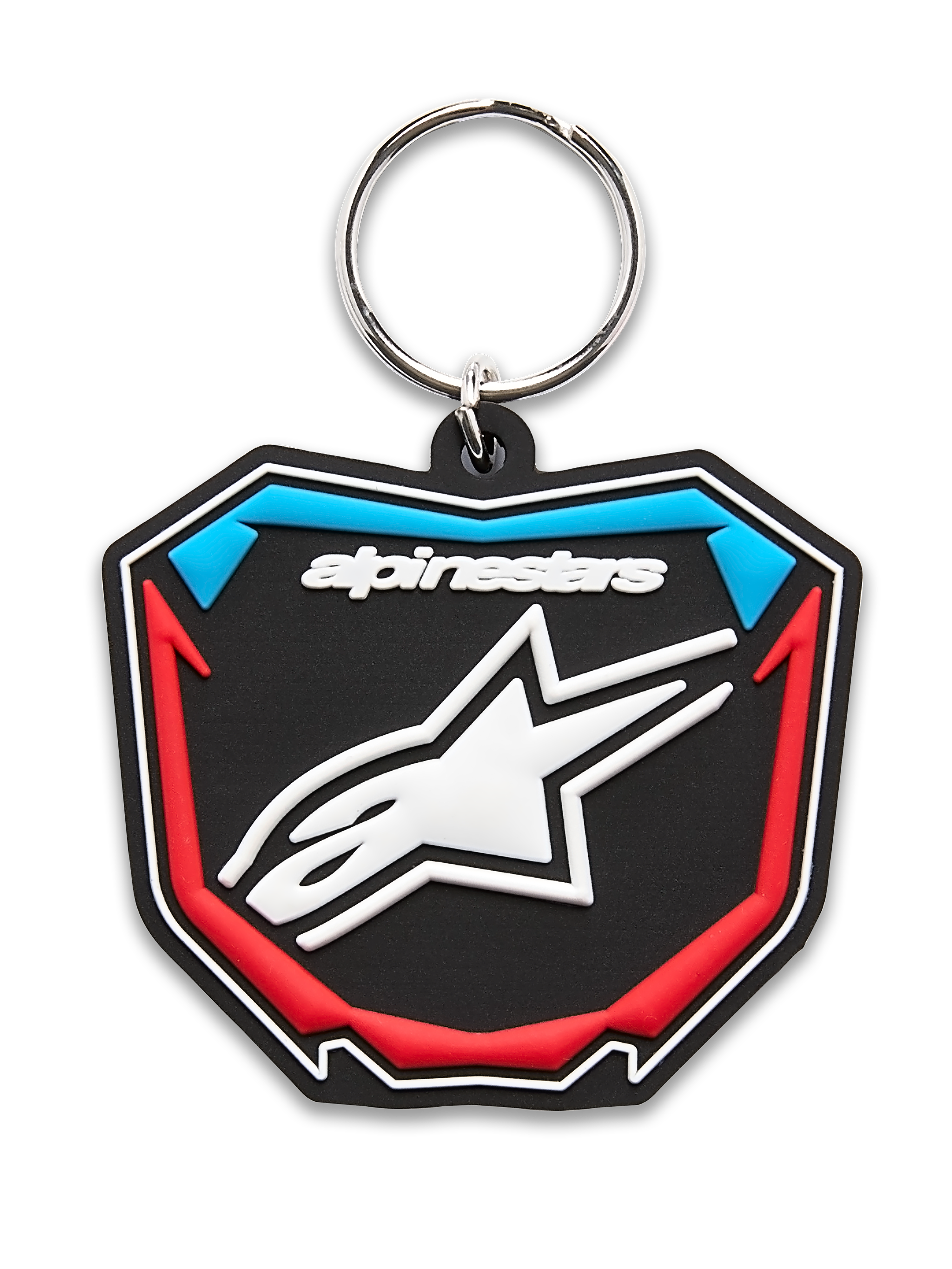 Alpinestars Plate sleutelhanger, 3D gegoten sleutelhanger, zwart, blauw en rood, schildvormig MX-plaatontwerp met wit sterlogo en metalen ring, casual motorsportaccessoire
