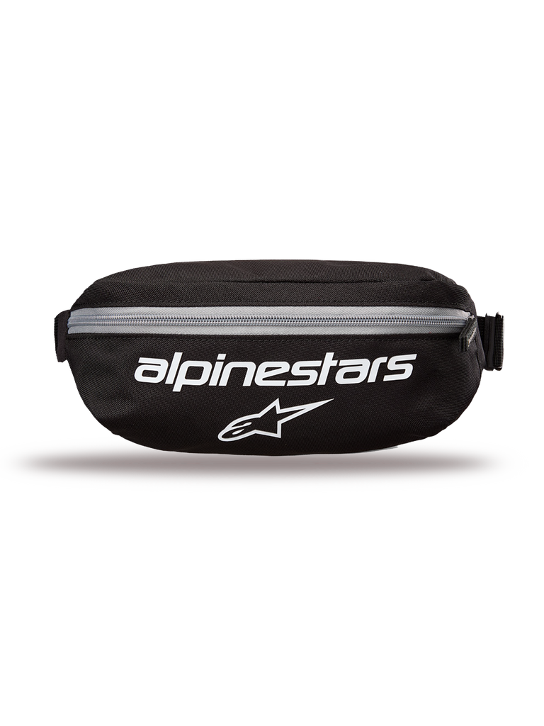 Alpinestars Only Linear heuptas, heuptas, zwart met witte logo's en grijze rits, vooraanzicht met Alpinestars-woordmerk en sterlogo, duurzame polyester constructie, compacte heuptas voor dagelijks gebruik