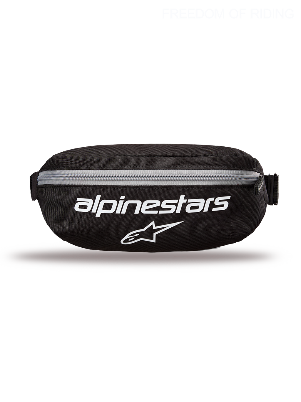 Alpinestars Only Linear Hip Bag, Sportswear and Casual Waist Pack for Men and Women, Black and White, Durable 600D Polyester Textile, 2L Capacity, featuring large front Alpinestars logo branding.