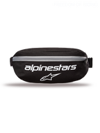 Alpinestars Only Linear Hip Bag, Sportswear and Casual Waist Pack for Men and Women, Black and White, Durable 600D Polyester Textile, 2L Capacity, featuring large front Alpinestars logo branding.
