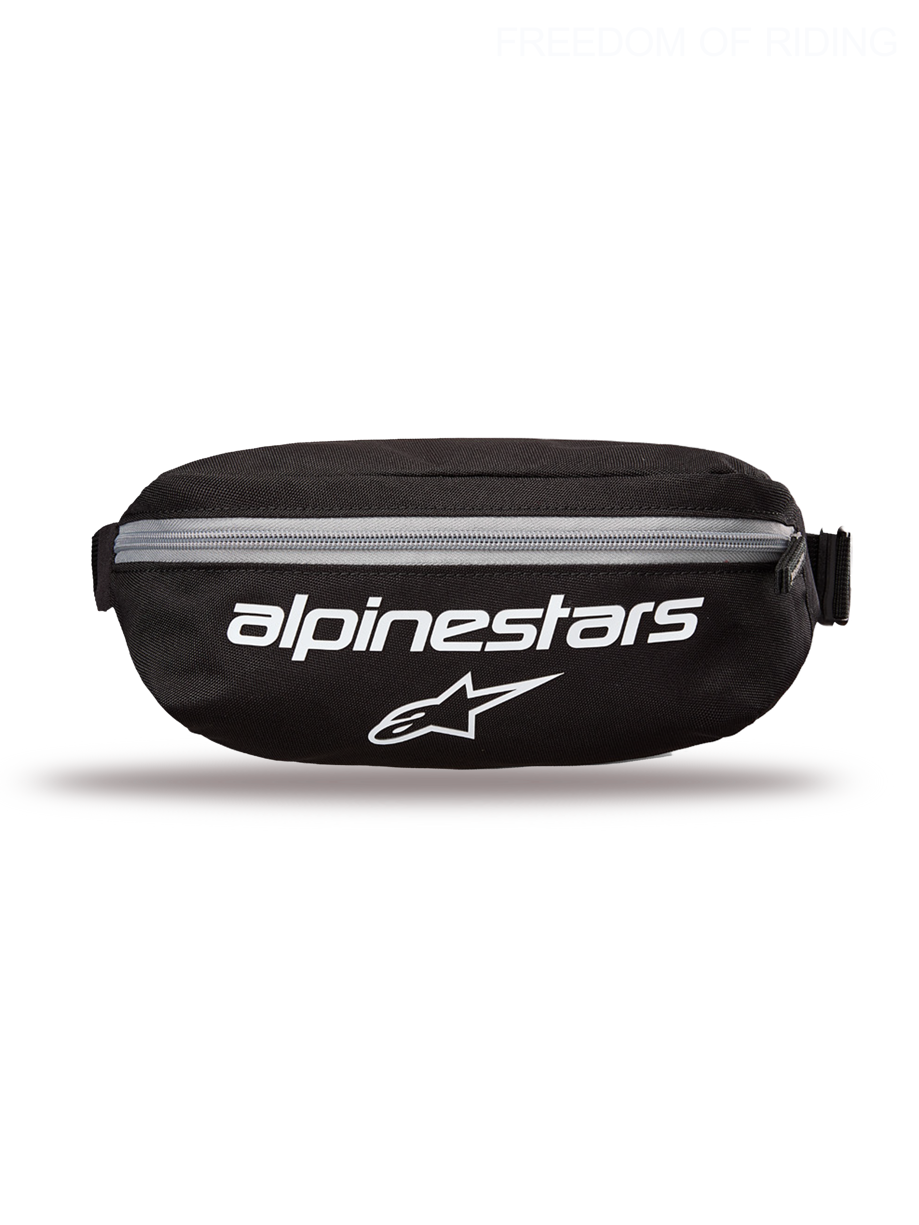Alpinestars Only Linear Hip Bag, Sportswear and Casual Waist Pack for Men and Women, Black and White, Durable 600D Polyester Textile, 2L Capacity, featuring large front Alpinestars logo branding.