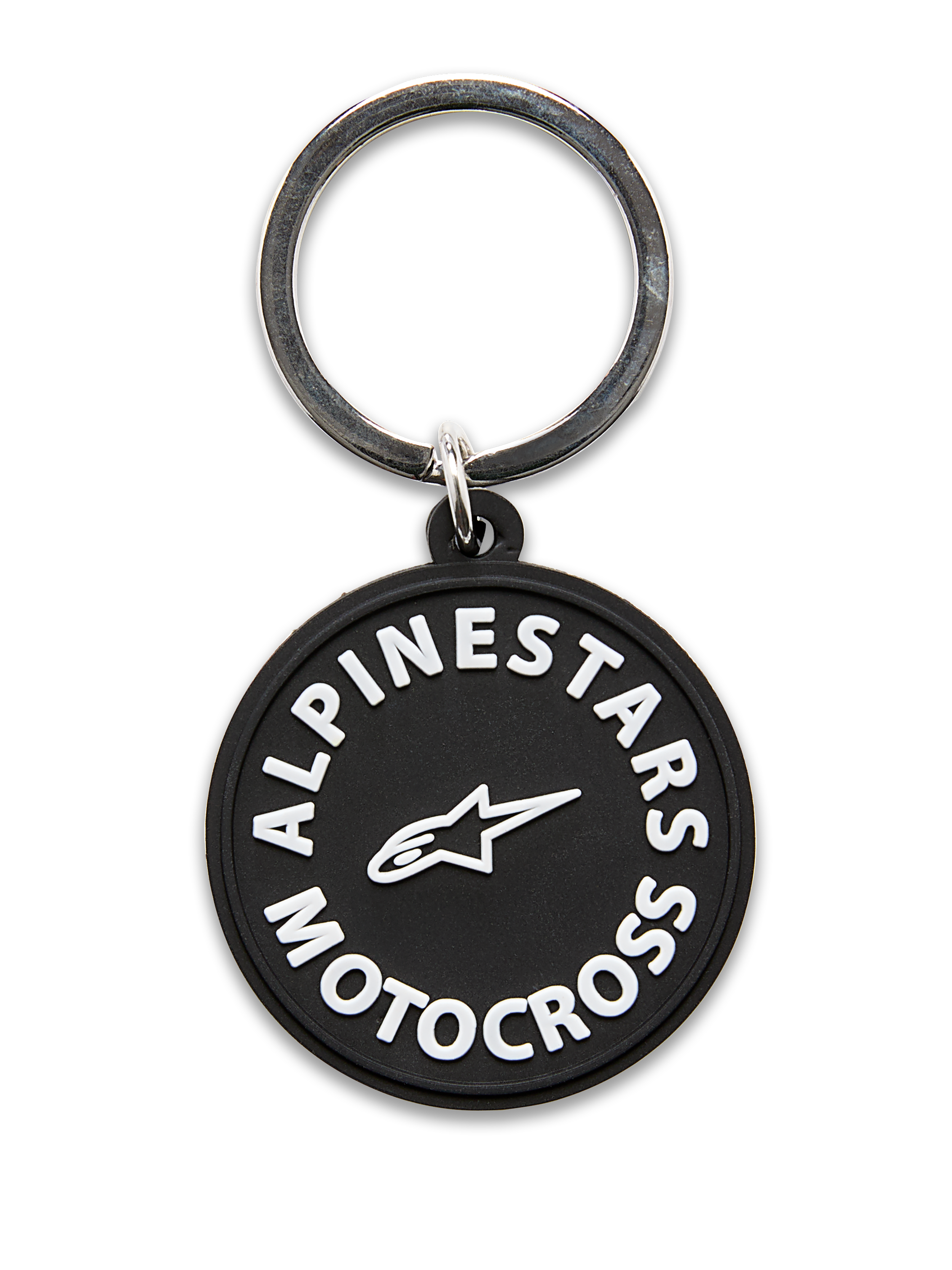 Alpinestars MX sleutelhanger, ronde 3D-gevormde sleutelhanger, zwart met witte Alpinestars Motocross graphics en sterlogo, zilveren metalen ring, duurzaam accessoire voor dagelijks gebruik