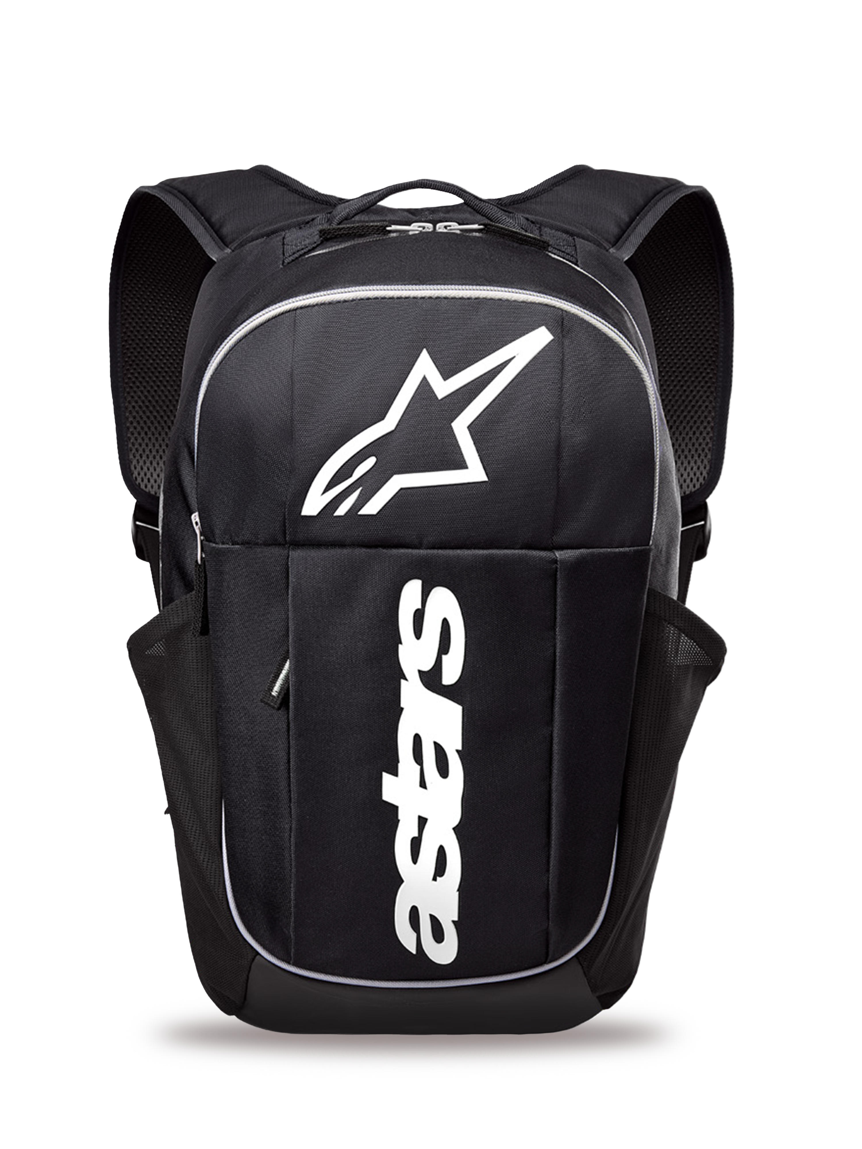 Alpinestars GFX Boss rugzak, middelgrote rugzak voor dagelijks gebruik, zwart en wit, voorzien van een groot wit Astars-logo en verticale branding, zijvakken van mesh voor waterflessen, gevoerde air mesh schouderbanden, duurzame constructie voor casual gebruik