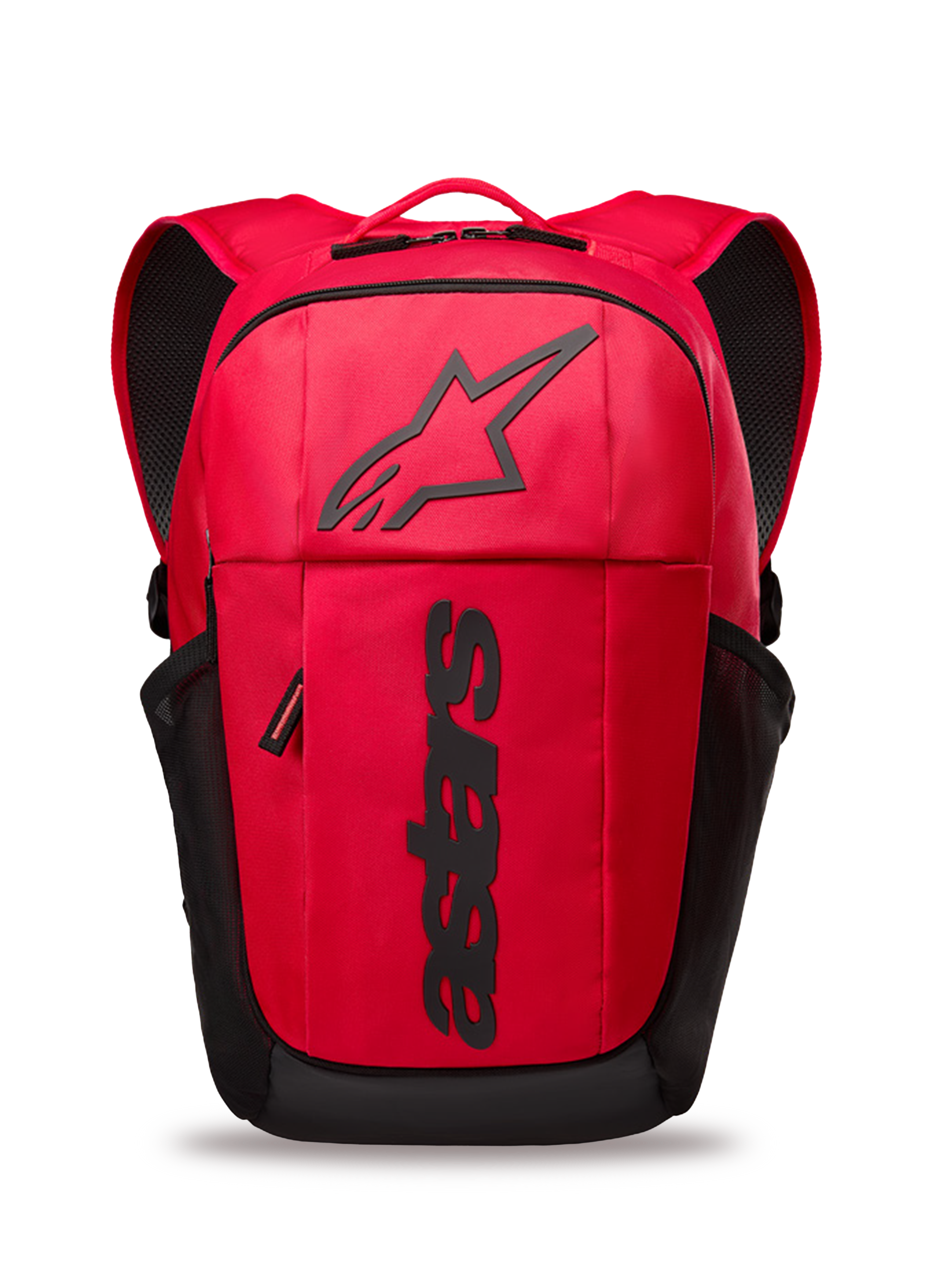Alpinestars GFX Boss Backpack, red and black daily backpack, 20L capacity, featuring raised black silicone Astars logo and vertical branding, mesh side pockets, padded air mesh straps, durable 600D polyester construction