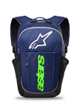 Alpinestars GFX Boss Backpack, Lifestyle Backpack, Navy Blue and Lime Green, featuring a large white Astars logo and vertical lime green branding, side mesh water bottle pockets, durable polyester construction for everyday use.