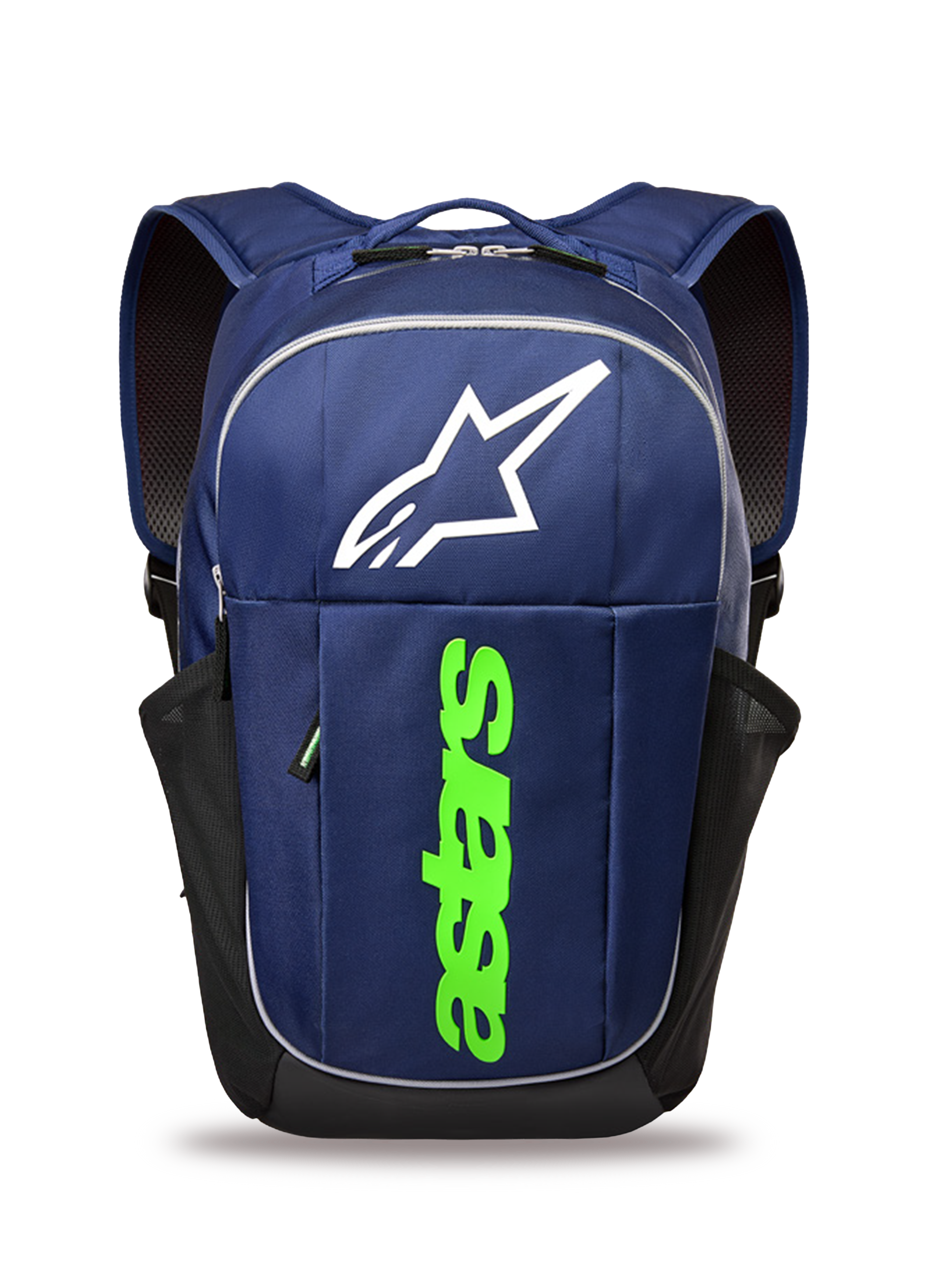 Alpinestars GFX Boss Backpack, Lifestyle Backpack, Navy Blue and Lime Green, featuring a large white Astars logo and vertical lime green branding, side mesh water bottle pockets, durable polyester construction for everyday use.