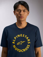 Alpinestars MX CSF Tee, Short Sleeve T-Shirt, Navy Blue, Yellow circular Alpinestars Motocross graphic with star logo, Casual Motorsport Streetwear