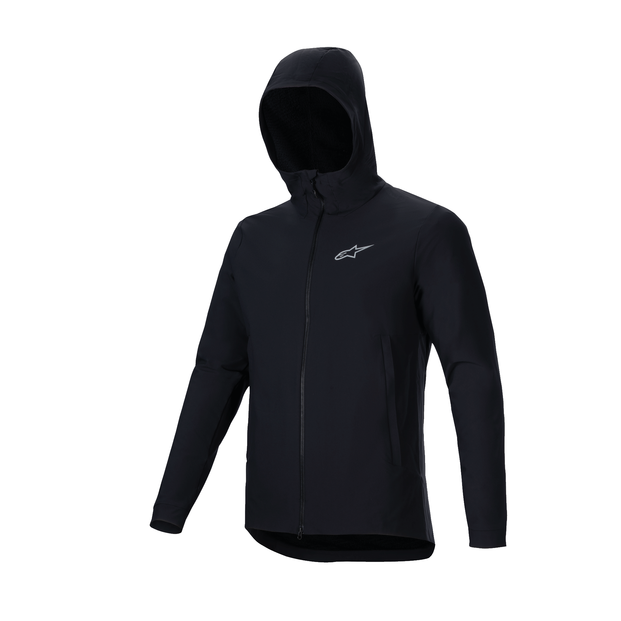Alpinestars A-Dura Thermal Jacket, Black, lightweight insulated mountain bike jacket, featuring a hooded design, full-length front zipper, and reflective silver Astars logo on the chest, performance outerwear for cold-weather cycling
