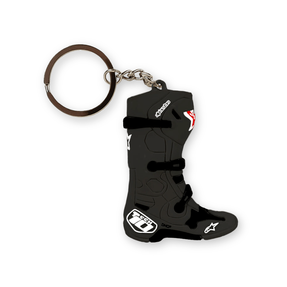 Alpinestars New Tech 10 Boot sleutelhanger, zwart met witte en rode accenten, miniatuur 3D-replica van de iconische motorcrosslaars, gedetailleerde gegoten gespen en branding, zilveren metalen sleutelring