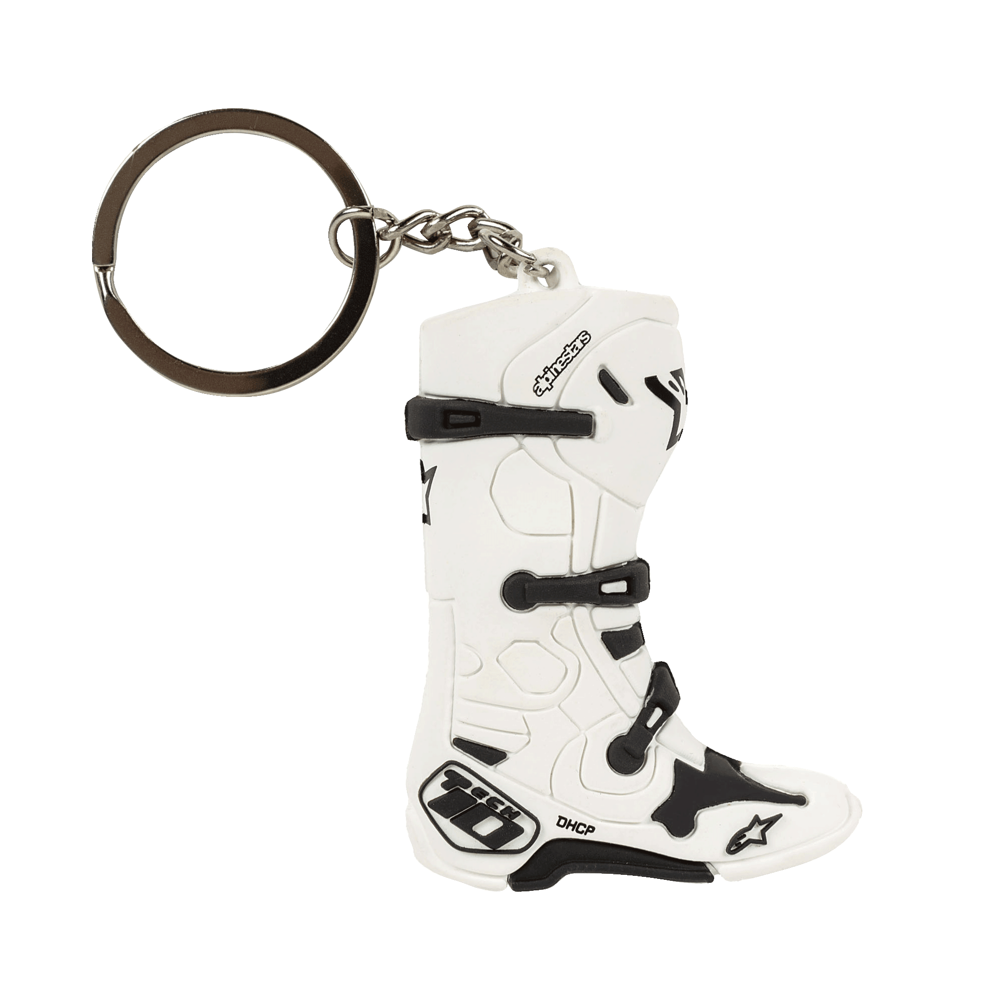 Alpinestars New Tech 10 Boot sleutelhanger, miniatuur 3D motorcrosslaars, wit en zwart, voorzien van gedetailleerde riemen en branding, metalen ring en ketting, motorsport-geïnspireerd accessoire