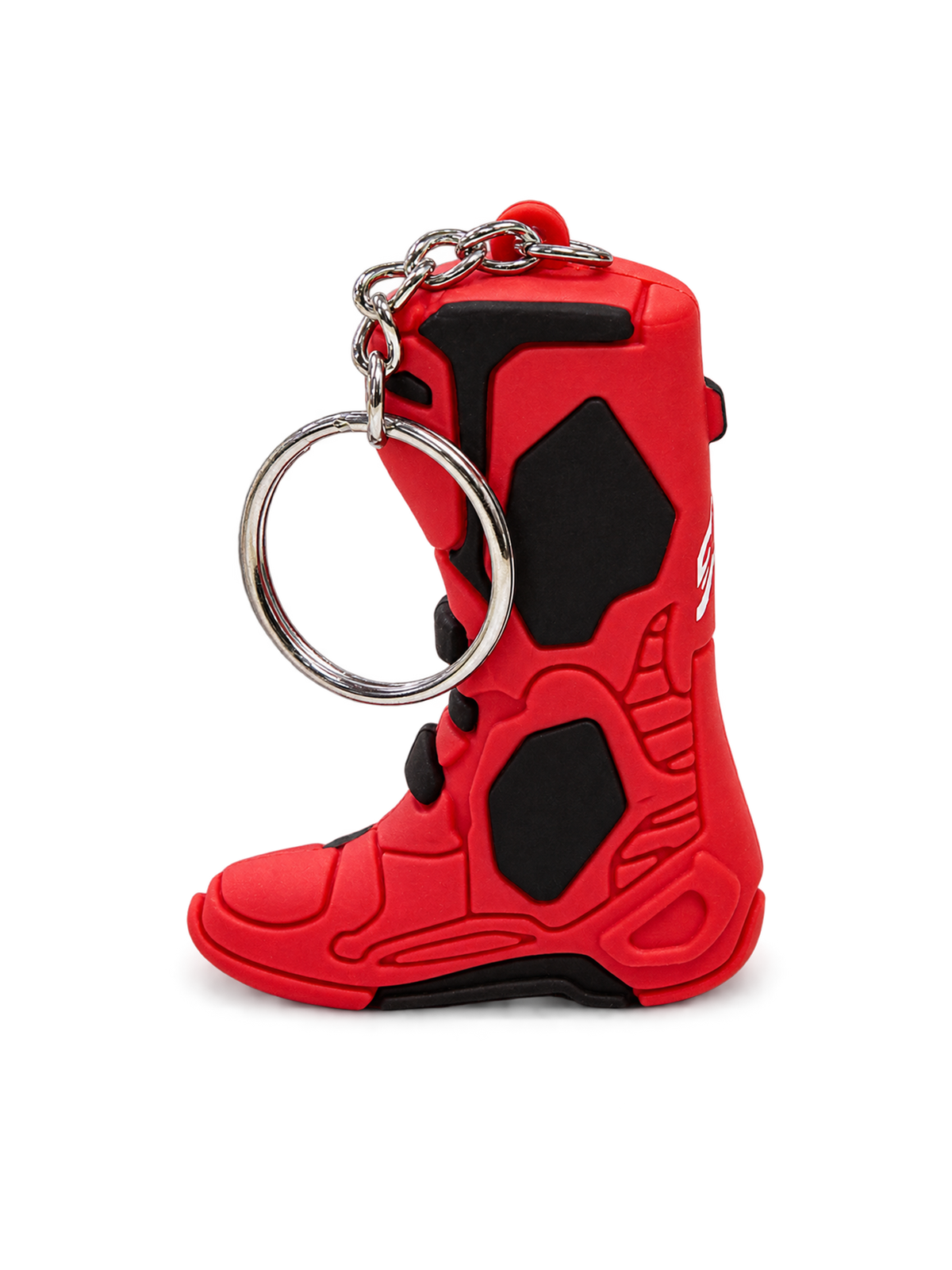 Alpinestars Tech 10 Boot Keyfob, motorsport keychain in red and black, 3-dimensional replica of the iconic motocross boot with a metal ring