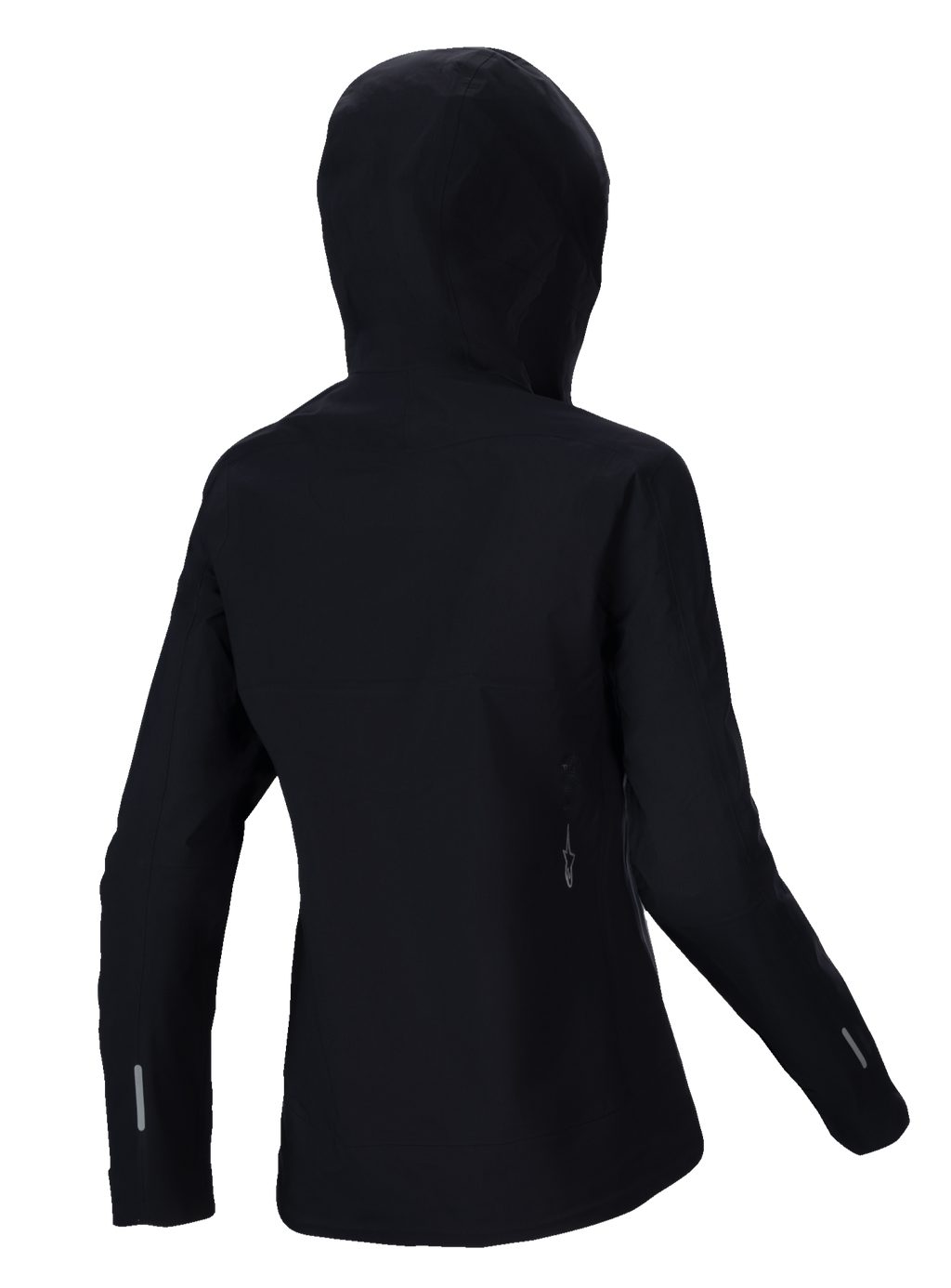 Alpinestars Stella A-Dura Elite waterdichte jas, MTB-regenjas voor dames, zwart, achteraanzicht met de over-de-helm capuchon, reflecterende accenten op de mouwen en onderrug, duurzaam ripstop-textiel voor trailrijden in alle weersomstandigheden
