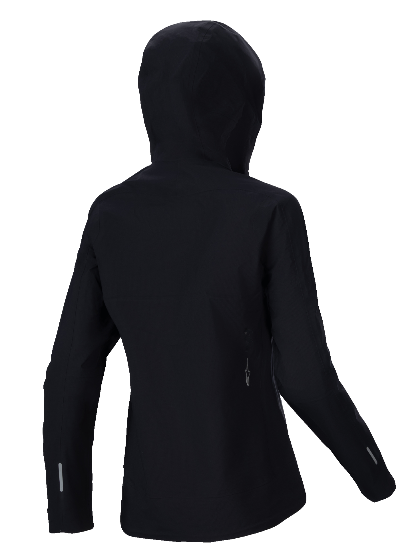 Alpinestars Stella A-Dura Elite waterdichte jas, MTB-regenjas voor dames, zwart, achteraanzicht met de over-de-helm capuchon, reflecterende accenten op de mouwen en onderrug, duurzaam ripstop-textiel voor trailrijden in alle weersomstandigheden