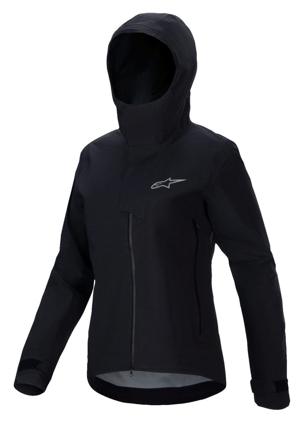 Alpinestars Stella A-Dura Elite waterdichte jas, mountainbikejas voor dames, zwart, voorzien van een ontwerp met capuchon en beschermende stormflap, ritssluiting aan de voorzijde, steekzakken met rits en verstelbare manchetten met klittenband, technisch waterdicht materiaal met een zilverkleurig logo op de borst