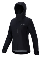 Alpinestars Stella A-Dura Elite waterdichte jas, mountainbikejas voor dames, zwart, voorzien van een ontwerp met capuchon en beschermende stormflap, ritssluiting aan de voorzijde, steekzakken met rits en verstelbare manchetten met klittenband, technisch waterdicht materiaal met een zilverkleurig logo op de borst