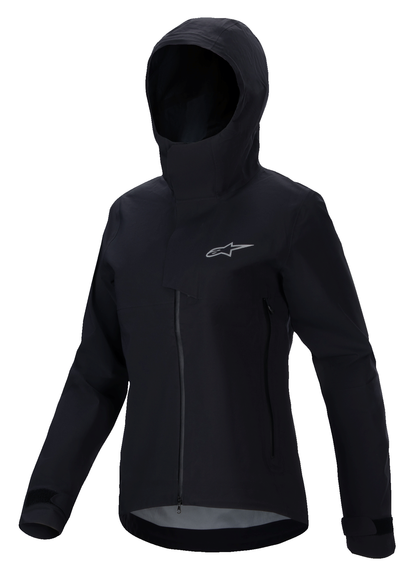 Alpinestars Stella A-Dura Elite waterdichte jas, mountainbikejas voor dames, zwart, voorzien van een ontwerp met capuchon en beschermende stormflap, ritssluiting aan de voorzijde, steekzakken met rits en verstelbare manchetten met klittenband, technisch waterdicht materiaal met een zilverkleurig logo op de borst
