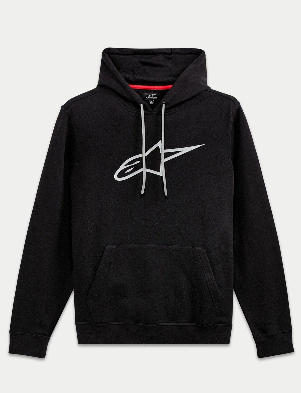 Alpinestars Ageless V3 Hoodie, casual streetwear, zwart met groot grijs geborduurd sterlogo, capuchon met grijze trekkoorden, kangoeroezak, lange mouwen, modern op de motorsport geïnspireerd design