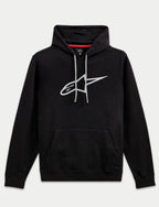 Alpinestars Ageless V3 Hoodie, casual streetwear, zwart met groot grijs geborduurd sterlogo, capuchon met grijze trekkoorden, kangoeroezak, lange mouwen, modern op de motorsport geïnspireerd design