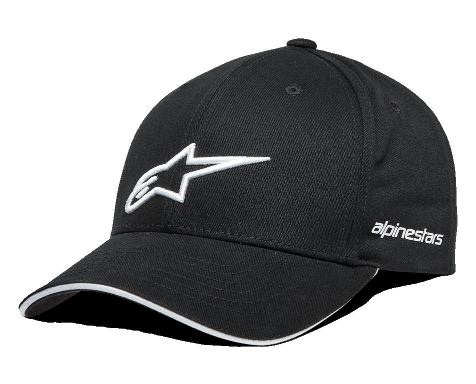 Alpinestars Rostrum pet, zwarte baseballcap met wit 3D geborduurd sterlogo, gebogen klep met wit sandwich-detail, Alpinestars-woordmerk aan de zijkant, motorsport lifestyle pet