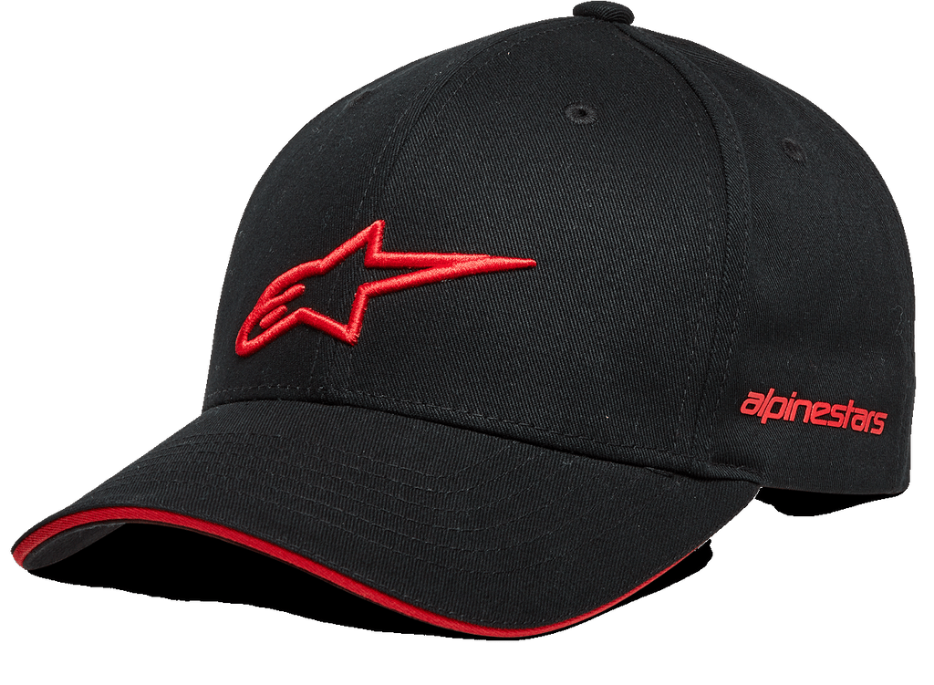 Alpinestars Rostrum pet, zwarte baseballcap met rood 3D-sterlogo, gebogen klep met rood sandwich-detail, geborduurd Alpinestars-logo op de zijkant, casual motorsport-hoofdbedekking