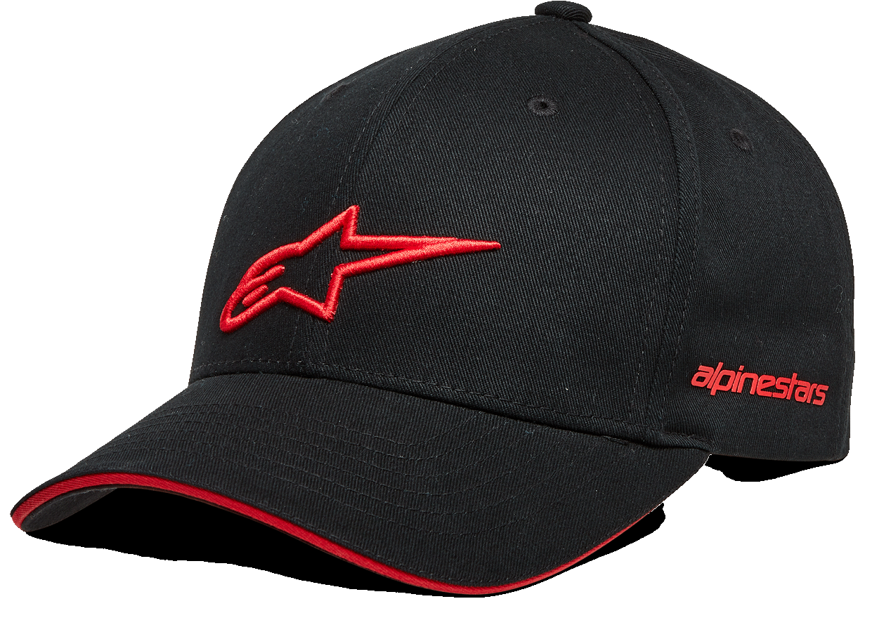 Alpinestars Rostrum pet, zwarte baseballcap met rood 3D-sterlogo, gebogen klep met rood sandwich-detail, geborduurd Alpinestars-logo op de zijkant, casual motorsport-hoofdbedekking