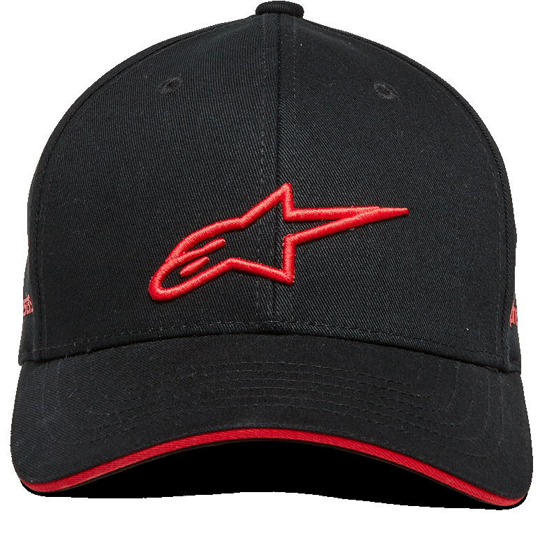 Alpinestars Rostrum pet, snapback cap met gebogen klep, zwart en rood, 3D-geborduurd rood A-star logo op de voorkant, rode sandwich-rand aan de klep, gestructureerde kroon, twill stof, casual motorsport hoofdbedekking