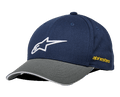 Alpinestars Rostrum pet, baseballcap, donkerblauw en grijs, wit geborduurd sterlogo, gele merknaam op de zijkant, gebogen klep, casual motorsport streetwear