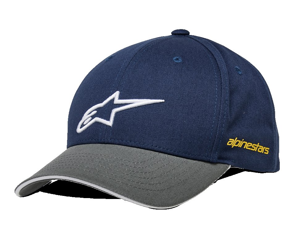 Alpinestars Rostrum pet, baseballcap, donkerblauw en grijs, wit geborduurd sterlogo, gele merknaam op de zijkant, gebogen klep, casual motorsport streetwear