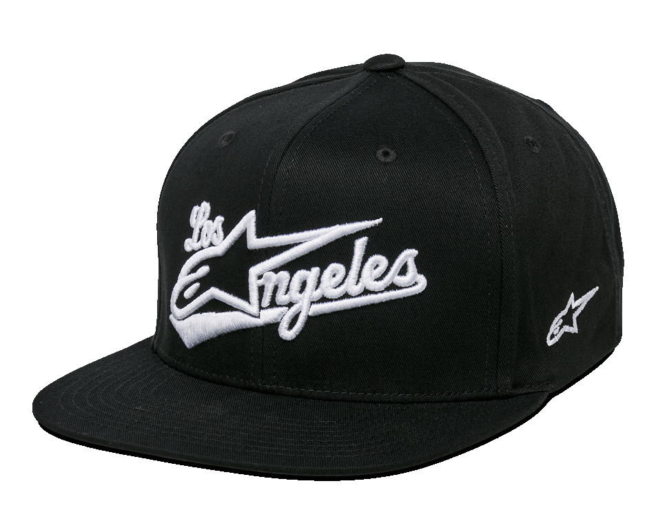 Alpinestars Los Angeles Pet, zwart-witte snapback cap met platte klep, gestructureerde kroon met wit 3D-geborduurd Los Angeles atletisch lettertype en Ageless-logo, geborduurd logo aan de zijkant, casual sportswear pet