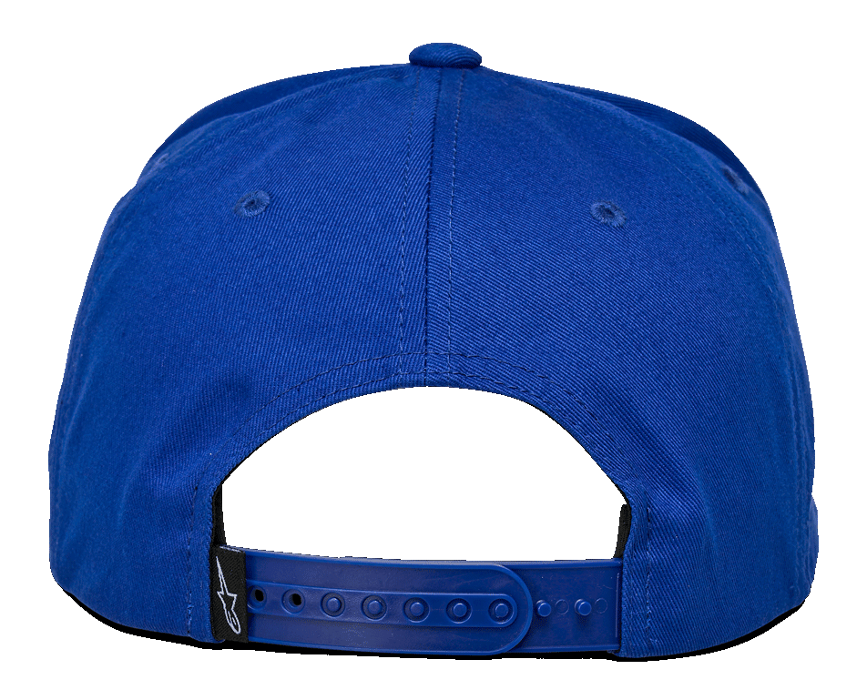 Alpinestars Los Angeles pet, achteraanzicht, blauw katoenen twill, verstelbare blauwe snapbacksluiting, klein zwart label met wit Ageless-logo, casual sportkleding hoofdbedekking