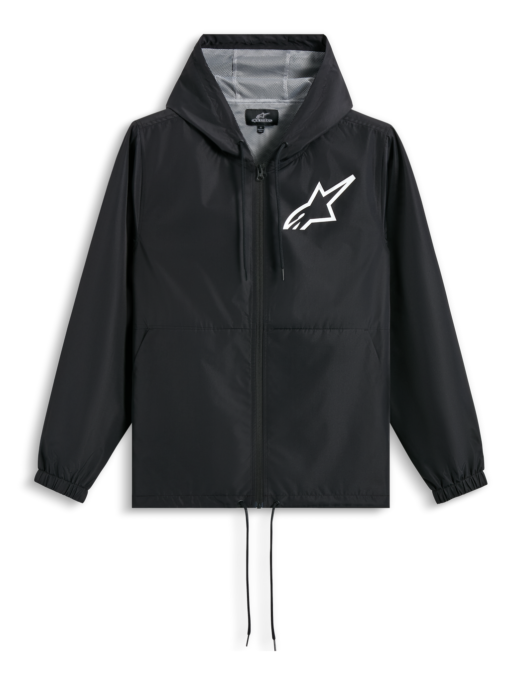 Alpinestars Speeder Chromium windbreaker jas, zwart en wit met capuchon en mesh voering, wit borstlogo, casual sportswear.