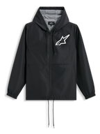 Alpinestars Speeder Chromium windbreaker jas, zwart en wit met capuchon en mesh voering, wit borstlogo, casual sportswear.