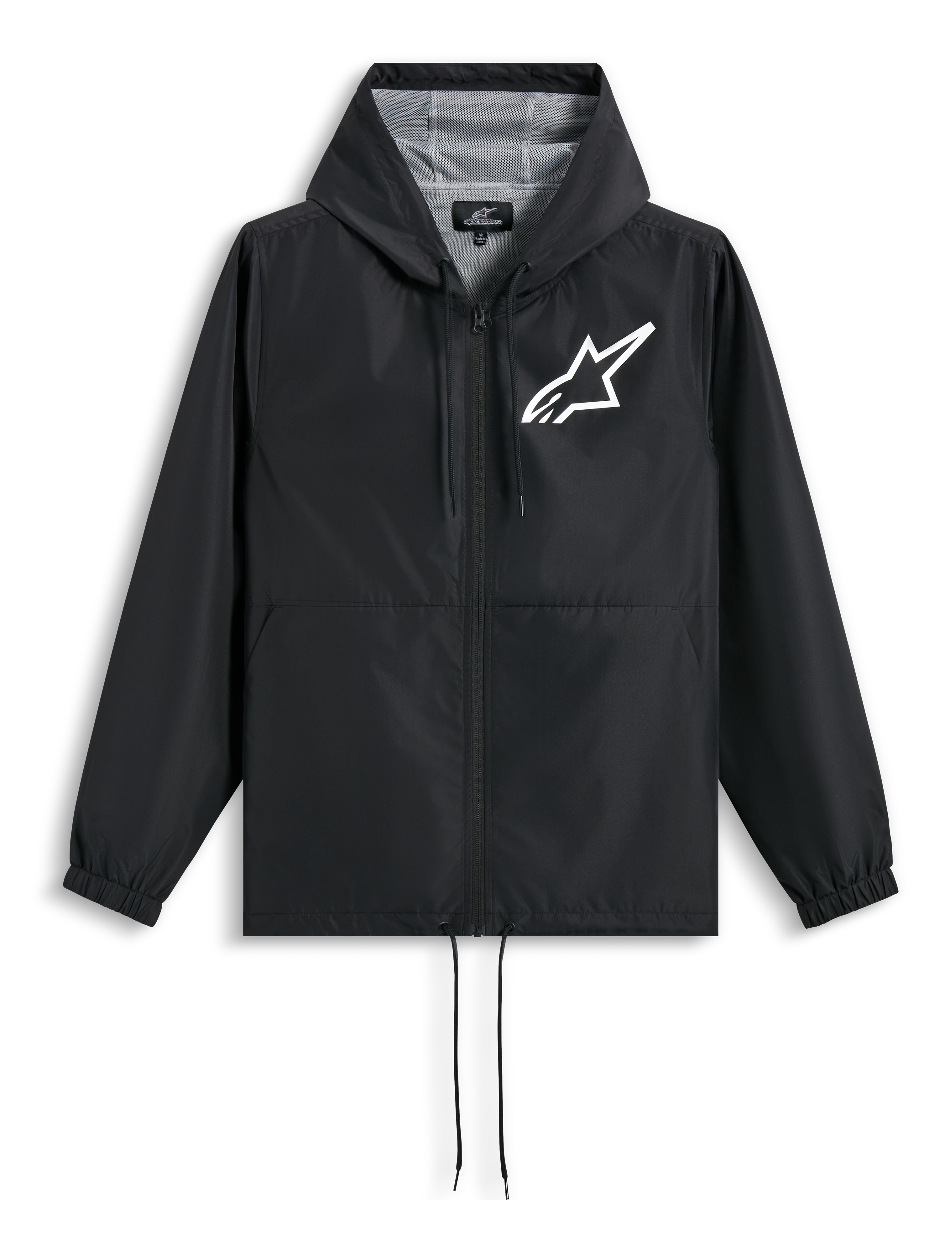 Alpinestars Speeder Chromium windbreaker jas, zwart en wit met capuchon en mesh voering, wit borstlogo, casual sportswear.