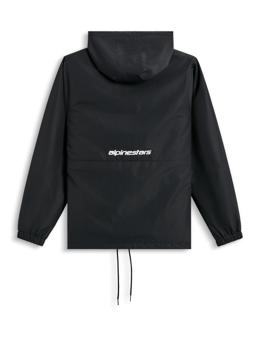 Alpinestars Speeder Chromium windbreaker, zwarte jas met capuchon, elastische manchetten en wit woordlogo op de achterzijde