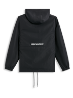 Alpinestars Speeder Chromium windbreaker, zwarte jas met capuchon, elastische manchetten en wit woordlogo op de achterzijde