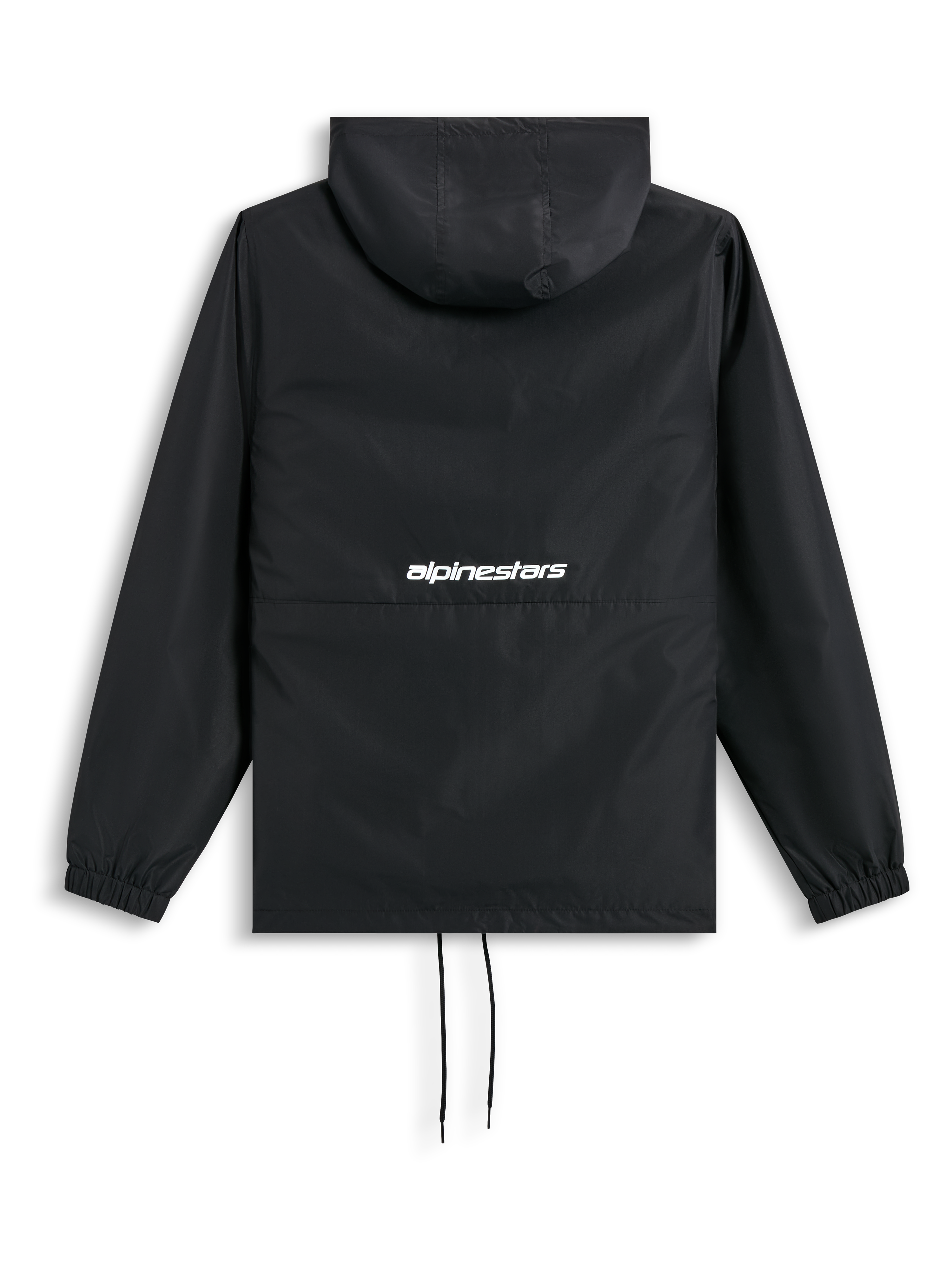 Alpinestars Speeder Chromium windbreaker, zwarte jas met capuchon, elastische manchetten en wit woordlogo op de achterzijde