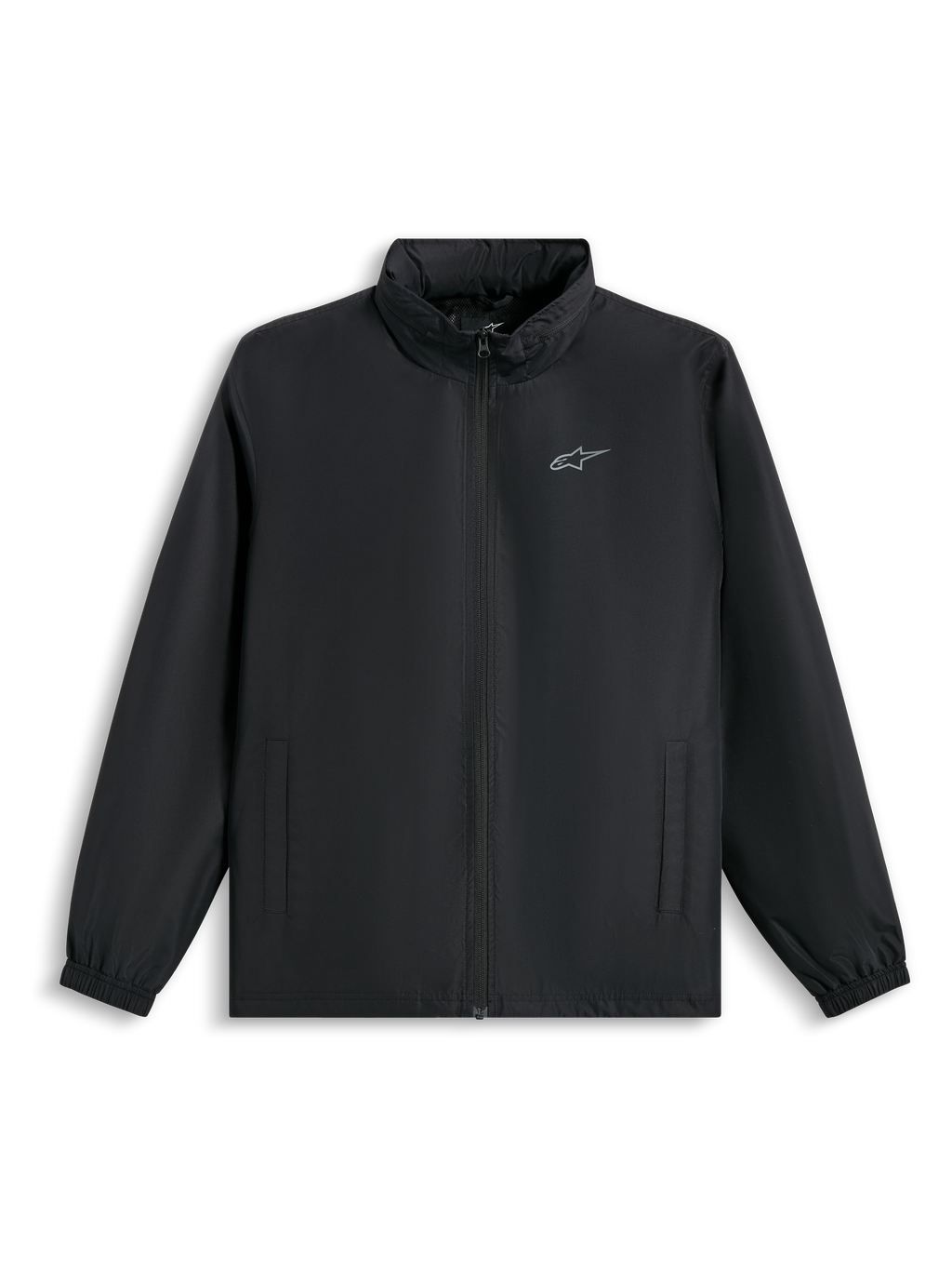 Alpinestars Overhaul Racer Jacket, zwarte regenjas, voorzien van een klein zilveren logo op de borst, volledige ritssluiting aan de voorzijde en zijzakken, casual motorsport-geïnspireerde streetwear
