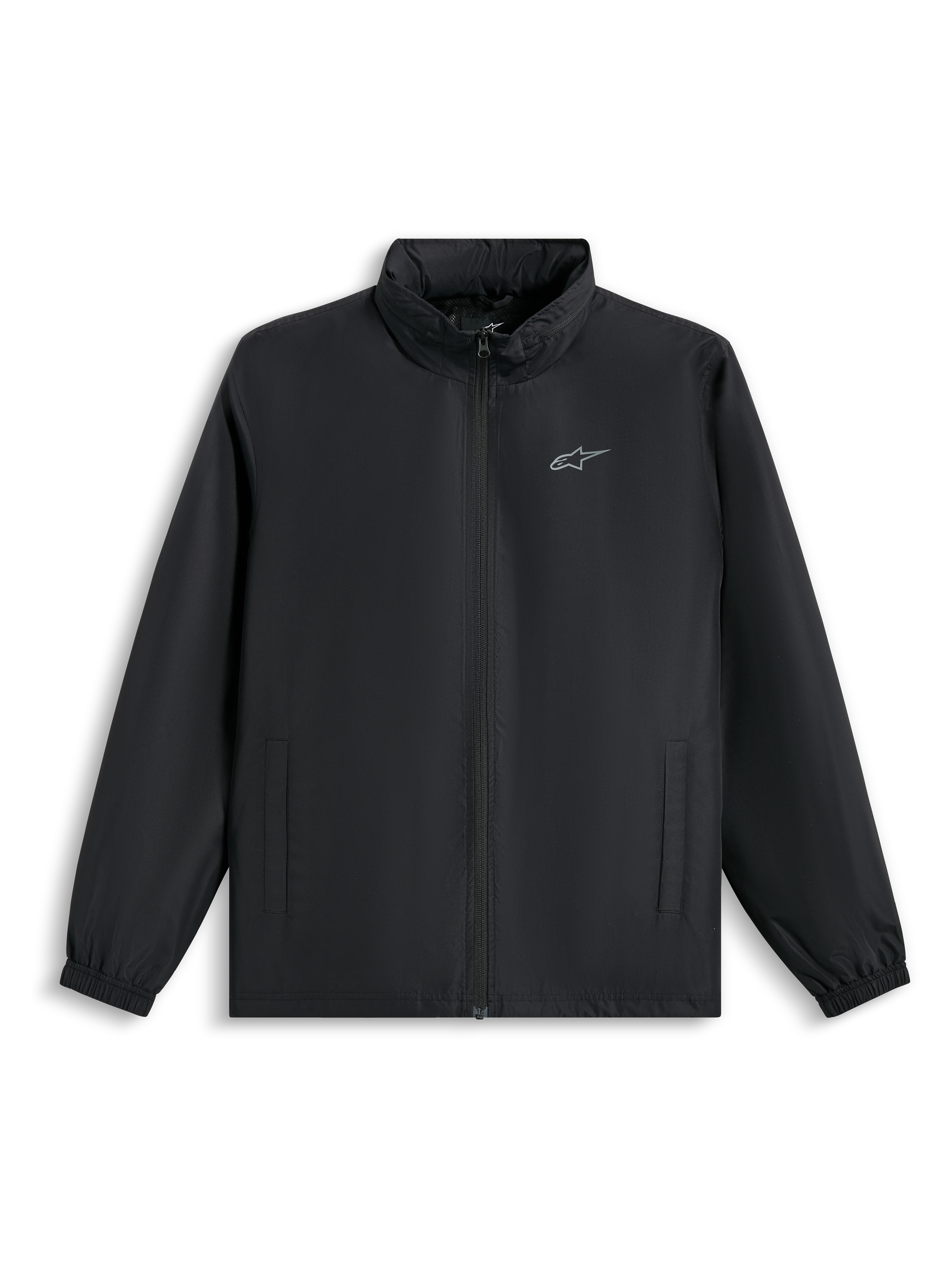 Alpinestars Overhaul Racer Jacket, zwarte regenjas, voorzien van een klein zilveren logo op de borst, volledige ritssluiting aan de voorzijde en zijzakken, casual motorsport-geïnspireerde streetwear