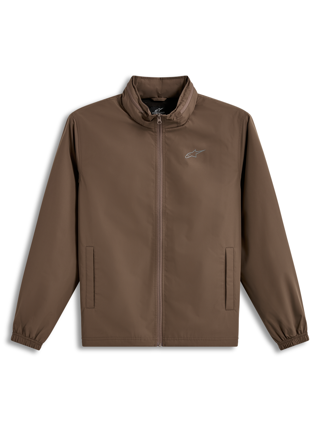 Alpinestars Overhaul Racer Jas, lichtgewicht bruine sportswear jas met verborgen capuchon en Astars-borstlogo.