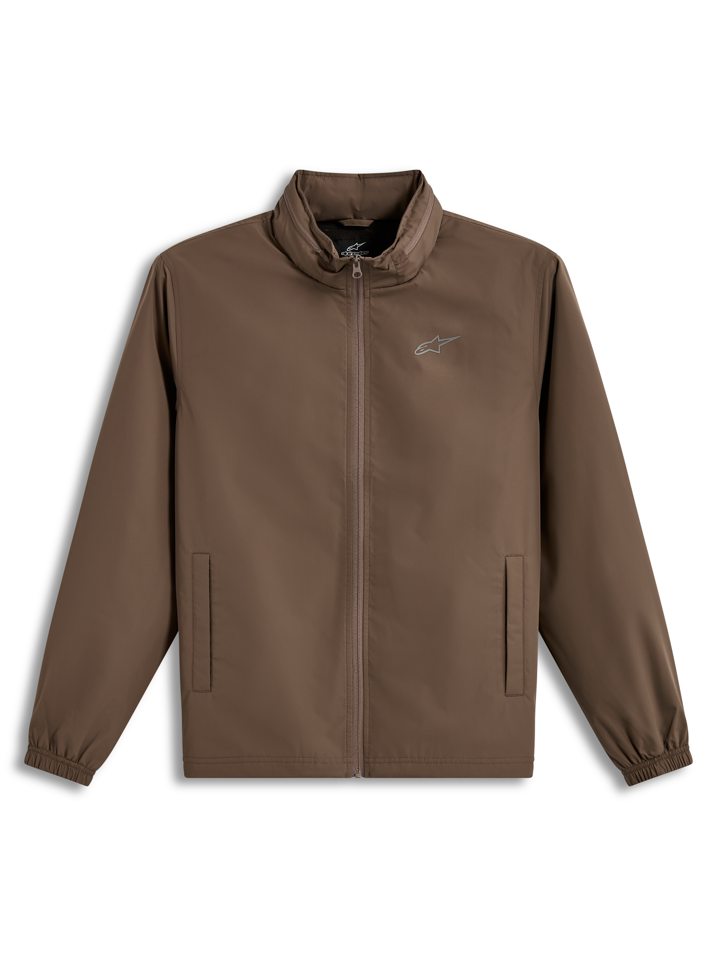 Alpinestars Overhaul Racer Jas, lichtgewicht bruine sportswear jas met verborgen capuchon en Astars-borstlogo.
