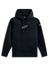 Alpinestars Frontal Hoodie, casual streetwear, zwart met wit Alpinestars sterlogo op de borst, kangoeroezak, capuchon met trekkoord, lange mouwen, op motorsport geïnspireerd ontwerp