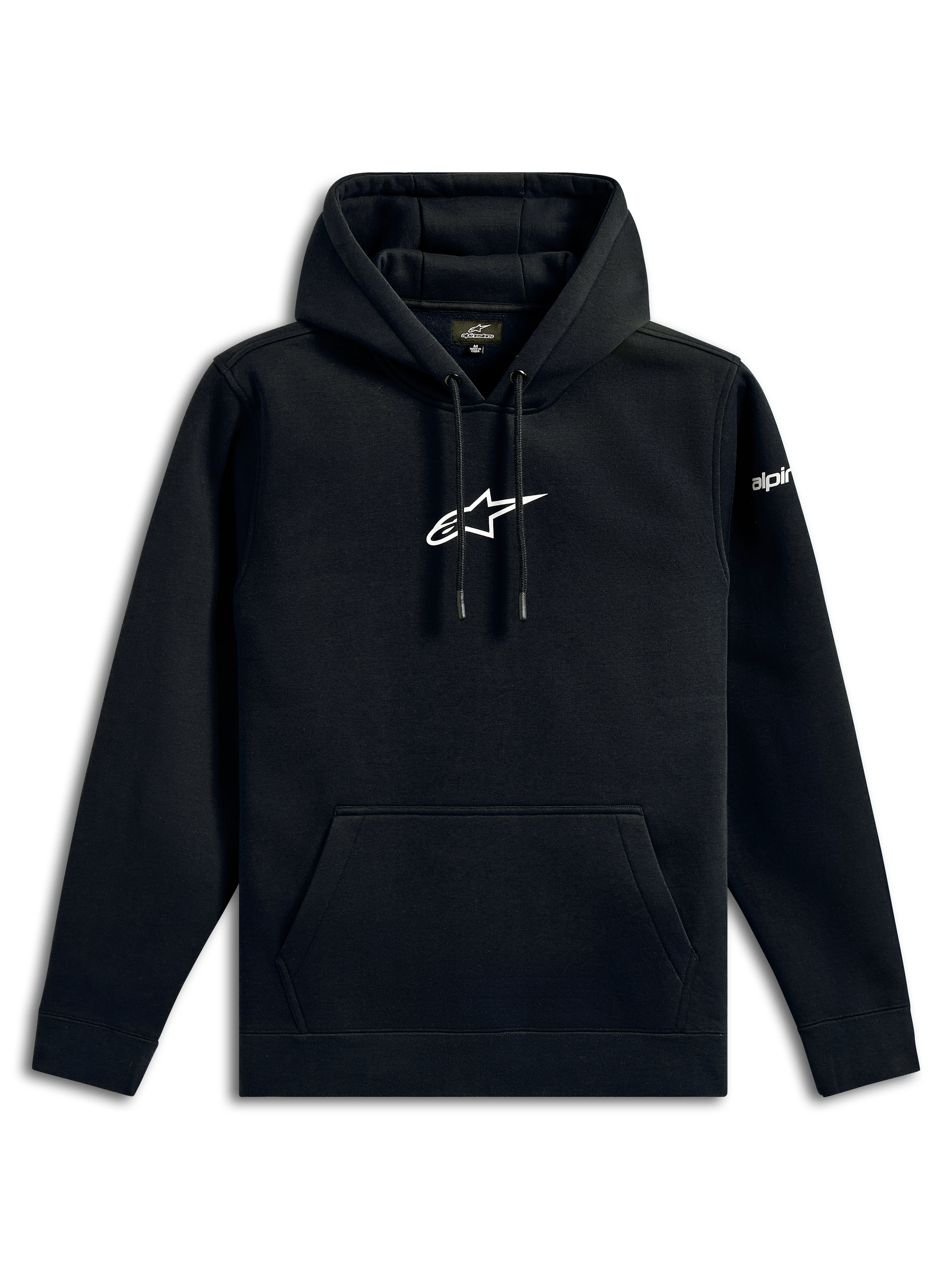 Alpinestars Frontal Hoodie, casual streetwear, zwart met wit Alpinestars sterlogo op de borst, kangoeroezak, capuchon met trekkoord, lange mouwen, op motorsport geïnspireerd ontwerp