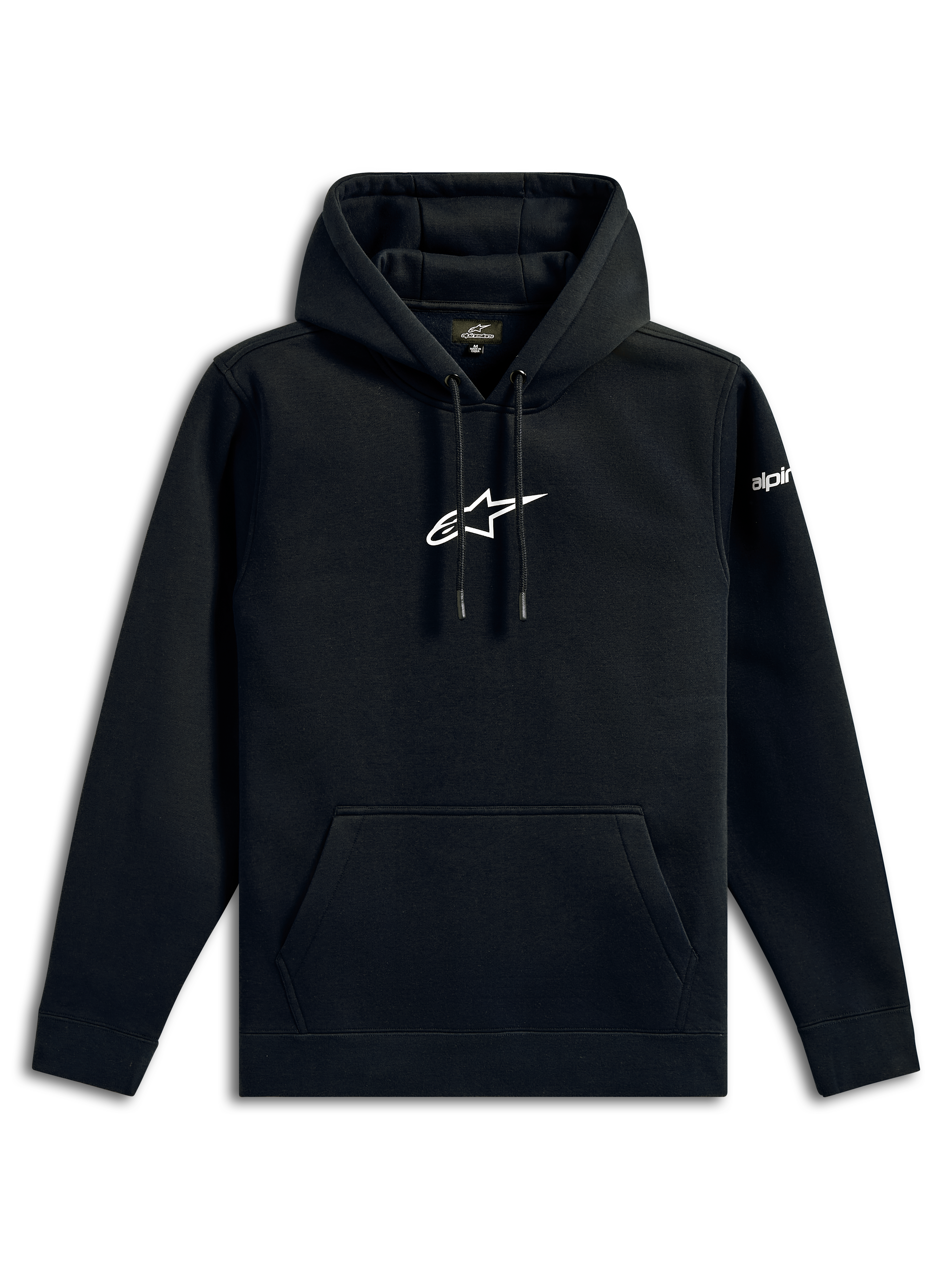 Alpinestars Frontal Hoodie, casual streetwear, zwart met wit Alpinestars sterlogo op de borst, kangoeroezak, capuchon met trekkoord, lange mouwen, op motorsport geïnspireerd ontwerp