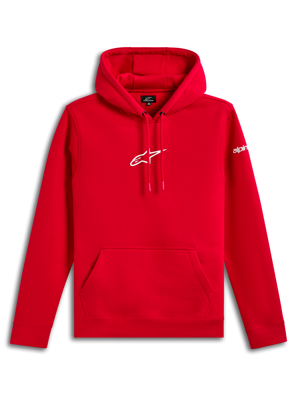 Alpinestars Frontal Hoodie, pullover fleece hoodie, rood, wit Alpinestars Astar-logo op de borst en woordmerk op de mouw, kangoeroezak aan de voorzijde, casual door motorsport geïnspireerde streetwear