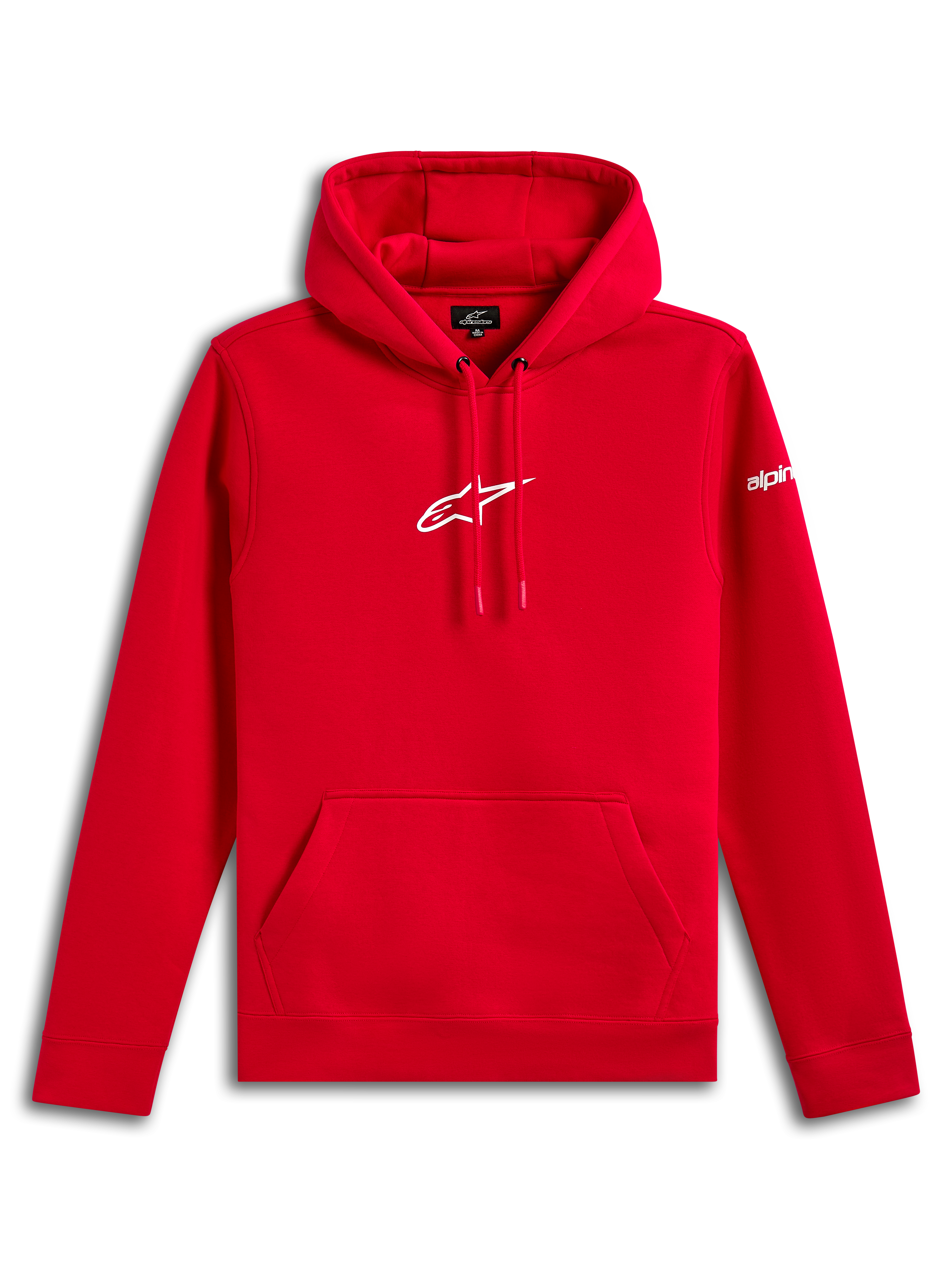 Alpinestars Frontal Hoodie, pullover fleece hoodie, rood, wit Alpinestars Astar-logo op de borst en woordmerk op de mouw, kangoeroezak aan de voorzijde, casual door motorsport geïnspireerde streetwear