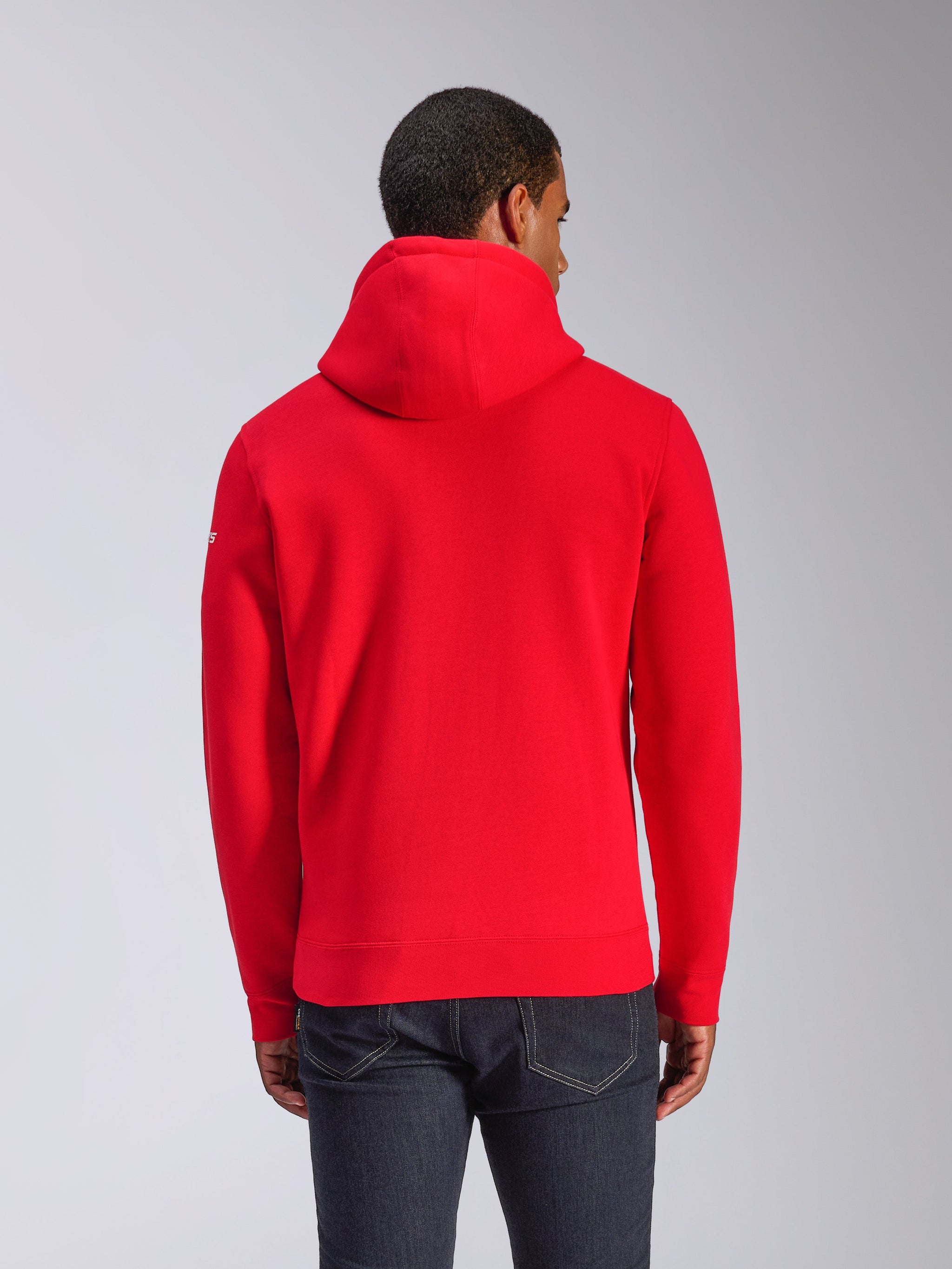 Alpinestars Frontal Hoodie, Pullover Fleece Hoodie, Red, back view showing drawstring hood and ribbed hem, small white wordmark on sleeve, casual motorsport-inspired streetwear